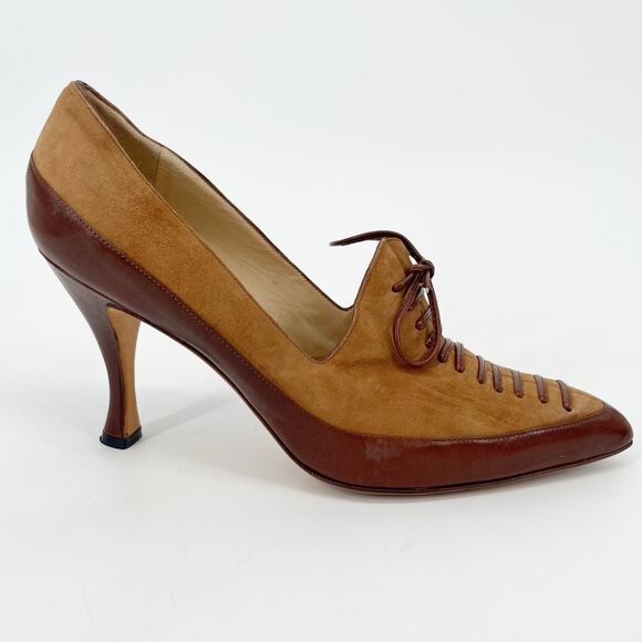 Vintage Manolo Blahnik Two-Tone Camel Brown Oxford Lace-Up Pump Heels IT 38 - Picture 5 of 13